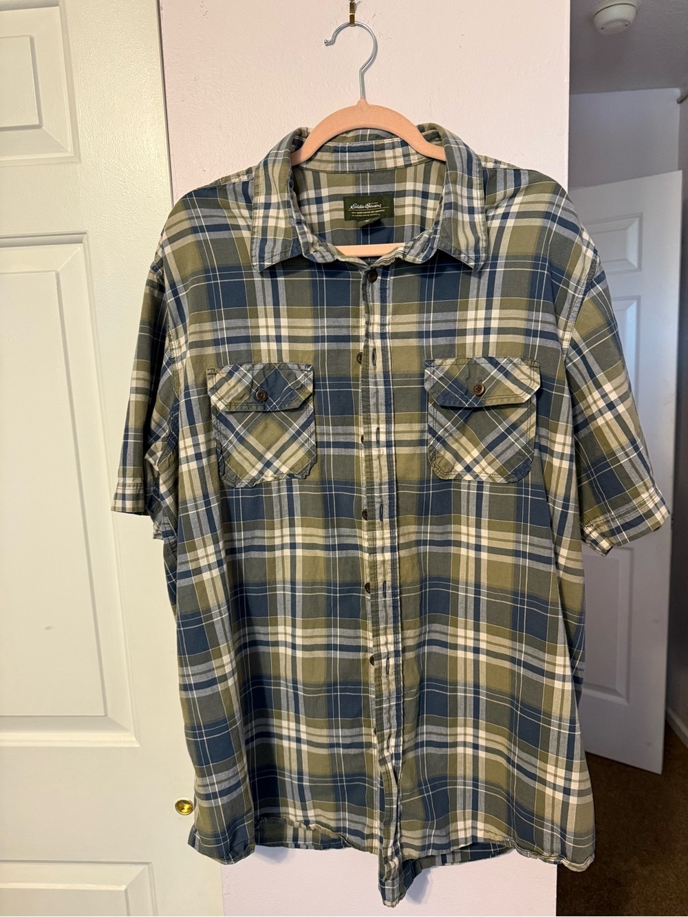 Eddie Bauer Olive and Blue Plaid Short-Sleeve Button-Down Shirt